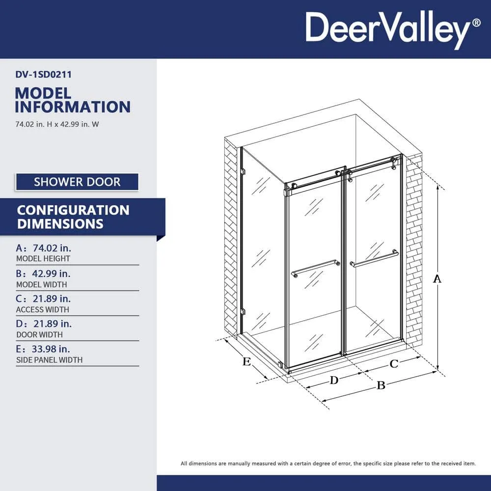 DEERVALLEY 43 in. W x 34 in. D x 74 in. H Rectangular Sliding Frameless Corner Shower Enclosure in Chrome with 3/8 in. Clear Glass, photo 3 of 11