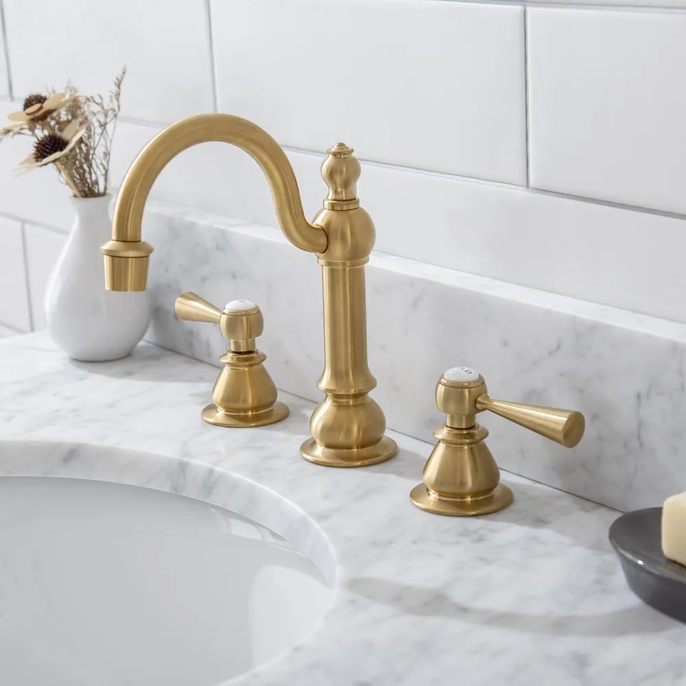 Water Creation Empire 30 in. Acrylic Wash Stand with Satin Brass P-Trap Kit, Faucet, Marble Counter Top, and White Basin, photo 7 of 8