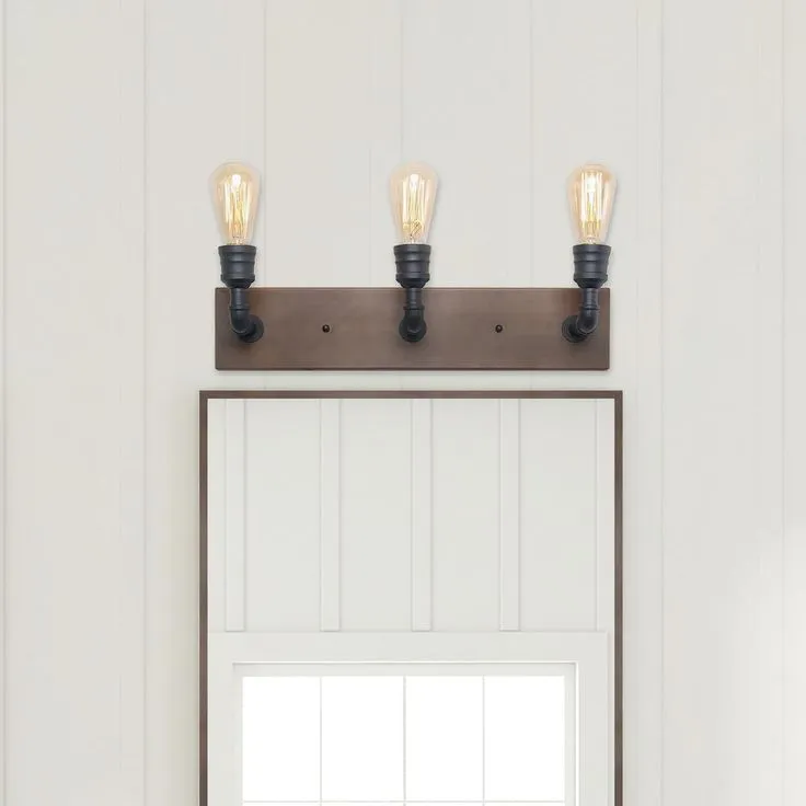 LNC Wayner 3-Light Black Farmhouse Bath Vanity Light Water Pipe Wall Sconce with Painted Chesnut Wood Accent LED Compatible, photo 3 of 11