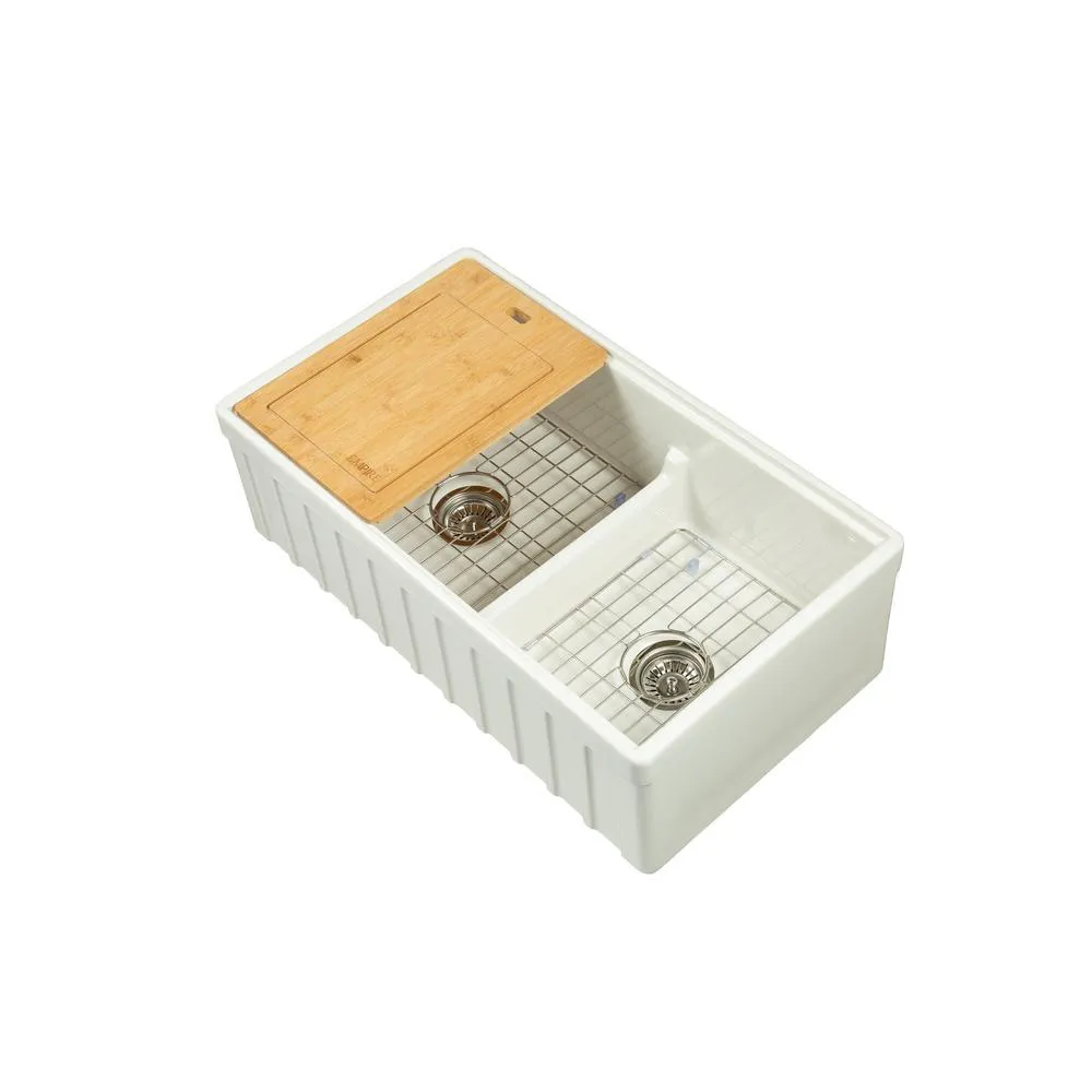 Yorkshire Farmhouse Fireclay 33 in. 55/45 Double Bowl Kitchen Sink with Cutting-Board, Grid and Strainer in White, photo 8 of 8