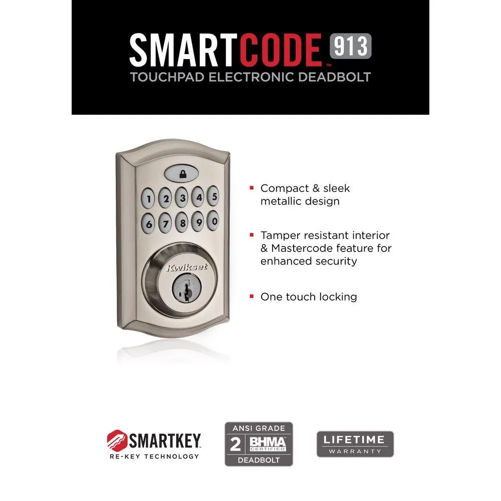 Kwikset SmartCode Satin Nickel Single Cylinder Electronic Deadbolt featuring SmartKey Security and Juno Passage Knob, photo 2 of 4