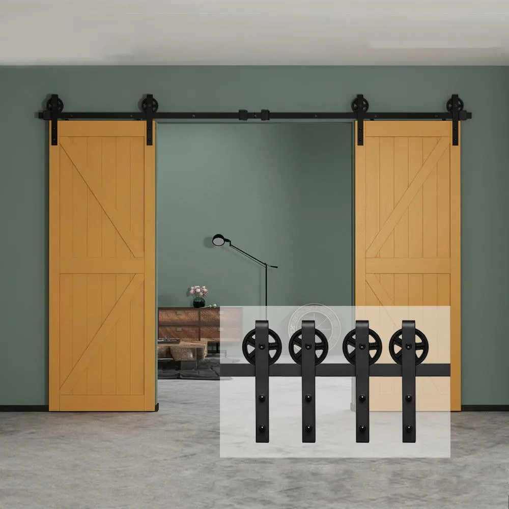 10 ft./120 in. Black Steel Sliding Barn Door Track and Hardware Kit for Double Doors with Floor GuideBigwheel J Shape), photo 2 of 6