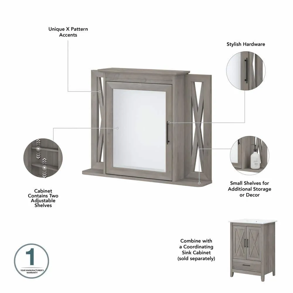 Bush Furniture Key West 31.89 in. W x 25 in. H Rectangular Particle Board Medicine Cabinet with Mirror in Driftwood Gray, photo 8 of 10