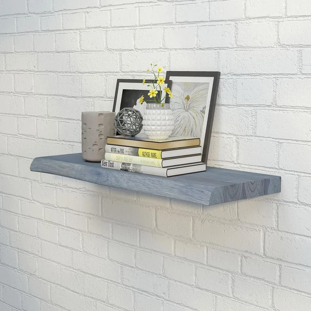 Interbuild Solid 2.3 ft. L x 10 in. D x 1.5 in. T, Acacia Butcher Block Countertop Floating Wall Shelf, Dusk Grey with Live Edge, photo 5 of 7