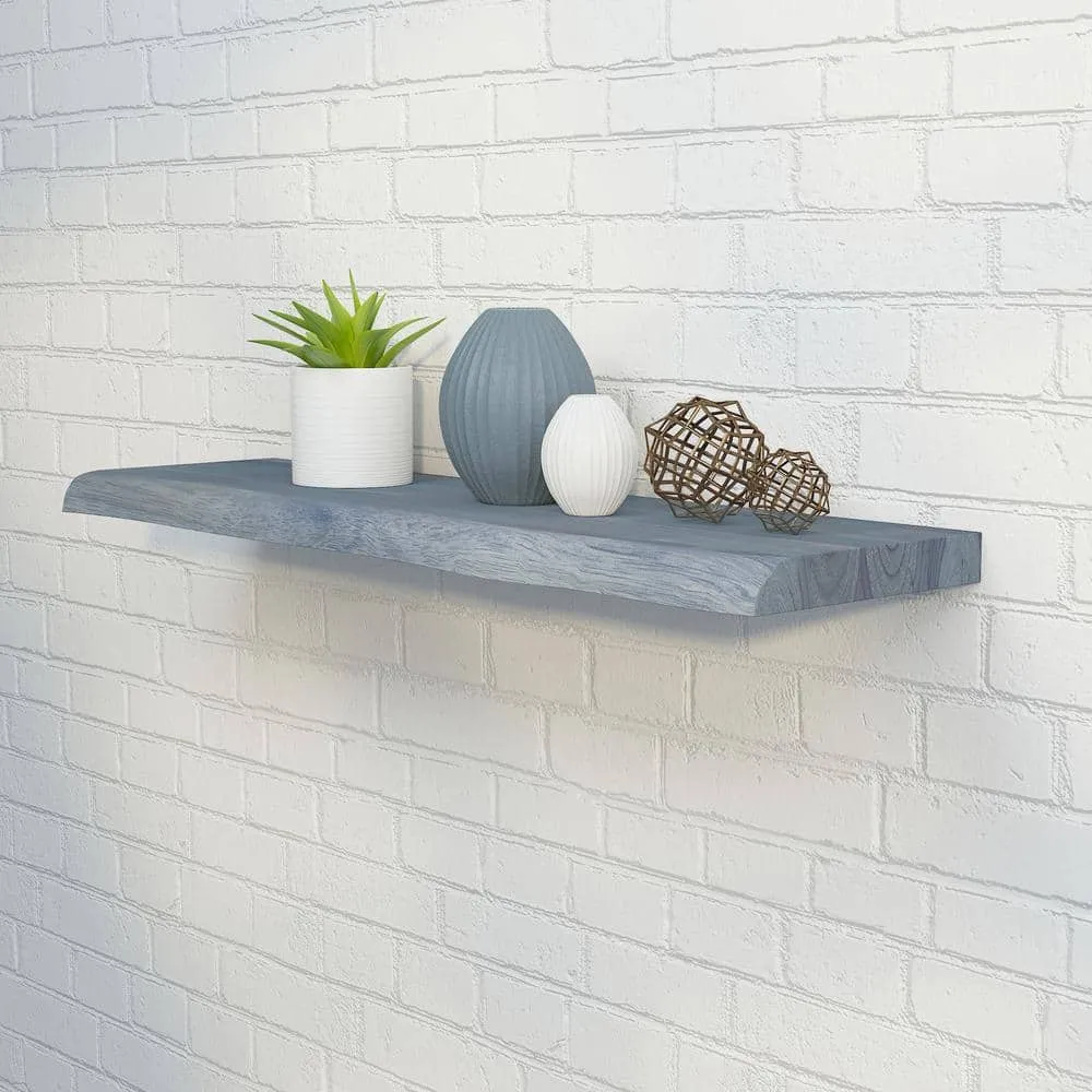Interbuild Solid 2.9 ft. L x 10 in. D x 1.5 in. T, Acacia Butcher Block Countertop Floating Wall Shelf, Dusk Grey with Live Edge, photo 5 of 7