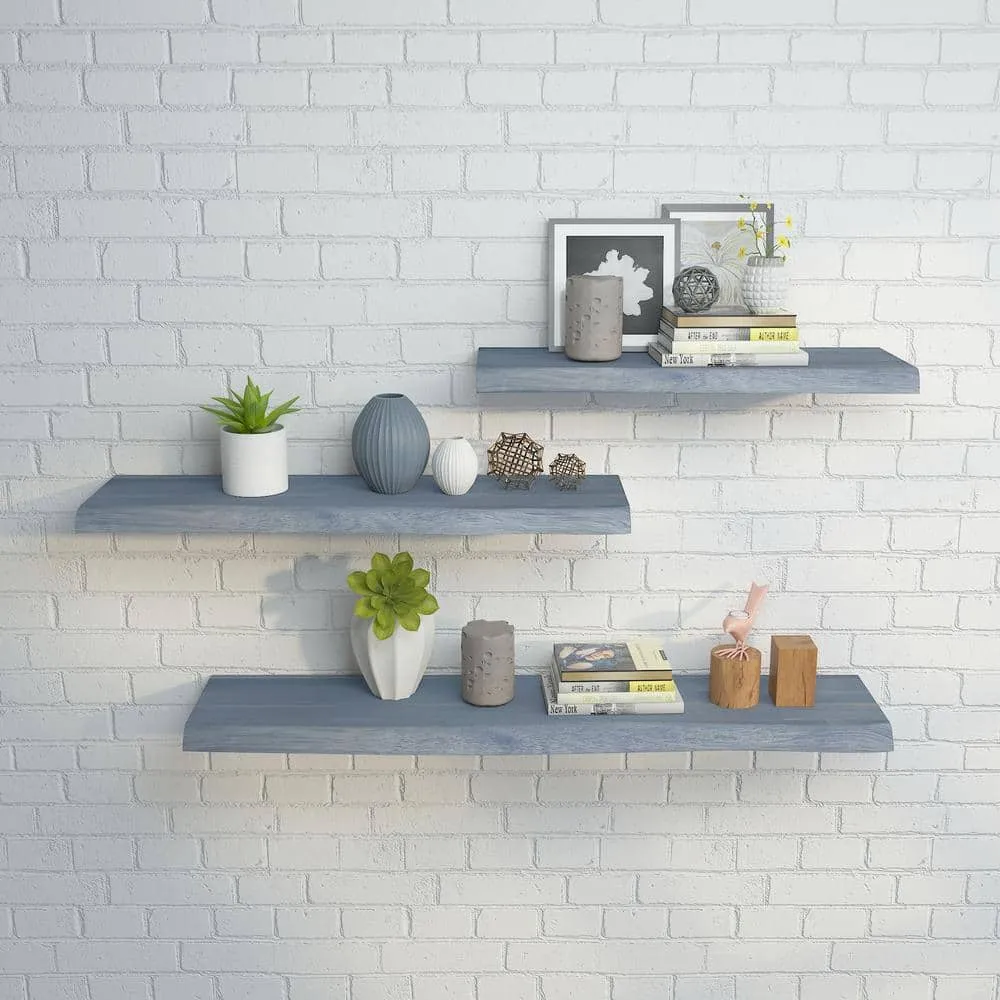Interbuild Solid 2.9 ft. L x 10 in. D x 1.5 in. T, Acacia Butcher Block Countertop Floating Wall Shelf, Dusk Grey with Live Edge, photo 6 of 7