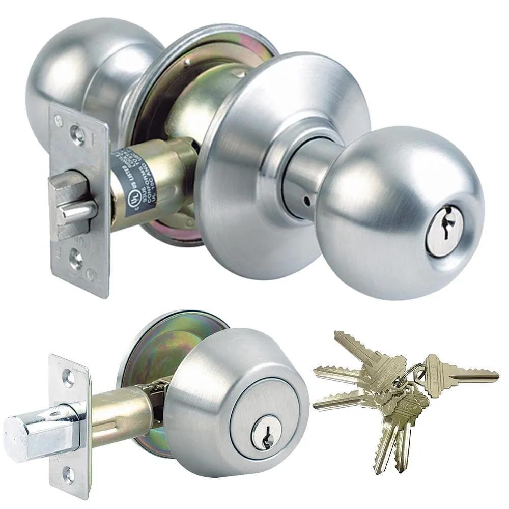 Stainless Steel Grade-3 Entry Door Knob Combo Lock Set with Deadbolt and 12 SC1 Keys Total, (2-Pack, Keyed Alike), photo 3 of 4