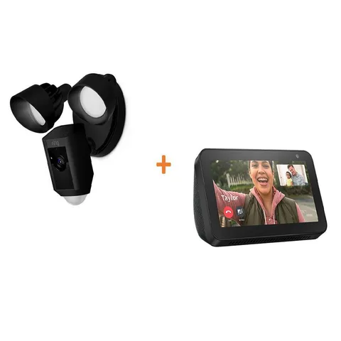 Wired Outdoor Wi-Fi Security Camera with Motion Activated Floodlight in Black with Echo Show 5 in Charcoal