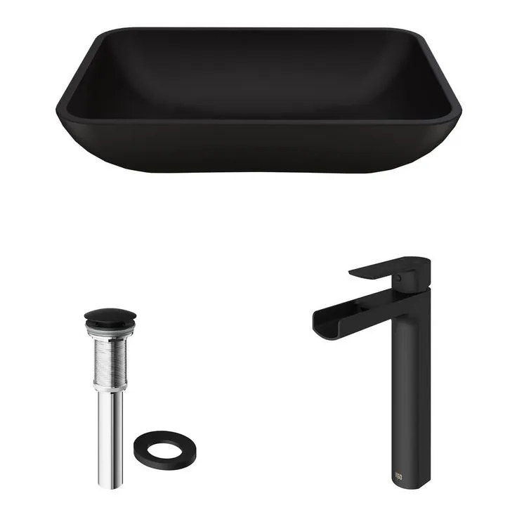 VIGO Sottile Glass Vessel Bathroom Sink in Black with Amada Faucet in Matte Black, photo 3 of 10