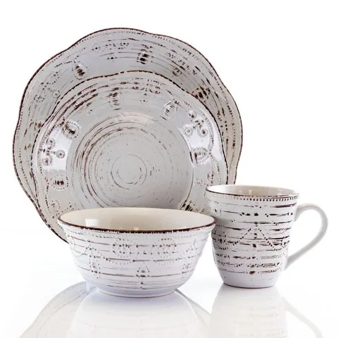 Rustic Birch 16-Piece Casual White Stoneware Dinnerware Set