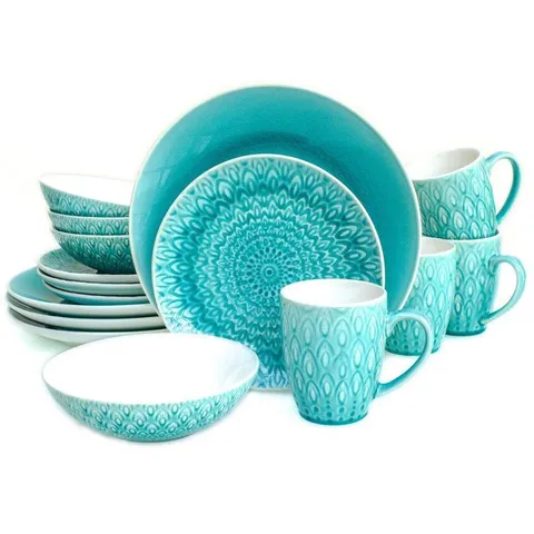 Peacock 16-Piece Lagoon Stoneware Crackle-Glaze Dinnerware Set