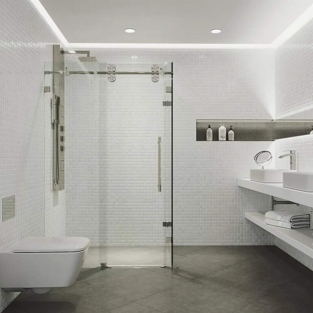 Winslow 34.625 in. x 74 in. Frameless Corner Bypass Shower Enclosure in Stainless Steel with Clear Glass, photo 2 of 15