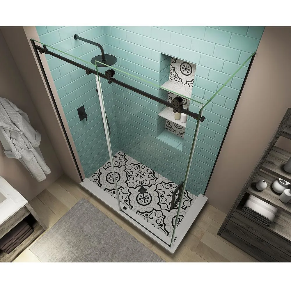 Coraline XL 44 in. - 48 in. x 34 in. x 80 in. Frameless Corner Sliding Shower Enclosure Clear Glass in Matte Black Right, photo 2 of 6