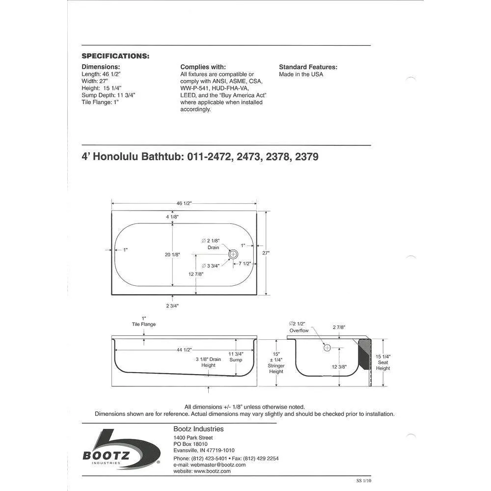 Bootz Industries Honolulu 46.5 in. Left Drain Rectangular Alcove Soaking Bathtub in White, photo 6 of 7