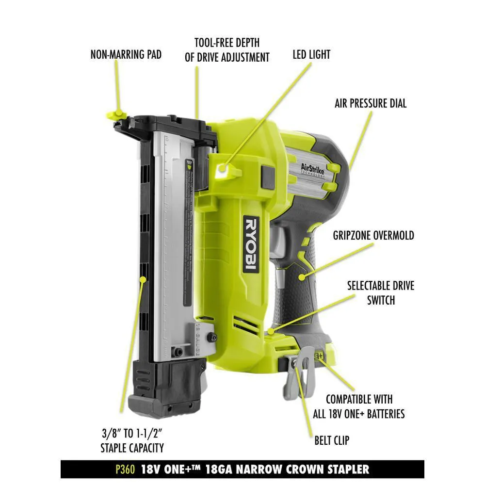 RYOBI 18-Volt ONE+ 16-Gauge Cordless AirStrike Straight Nailer, 18-Gauge Narrow Crown Stapler with 2.0 Ah Battery and Charger, photo 4 of 11