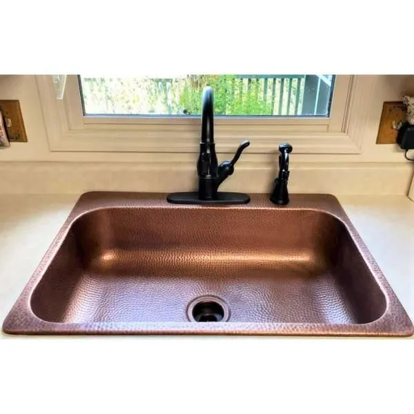 Angelico All-In-One Copper Drop-In 33 in. 3-Hole Single Bowl Kitchen Sink with Pfister Bronze Faucet and Drain, photo 2 of 5