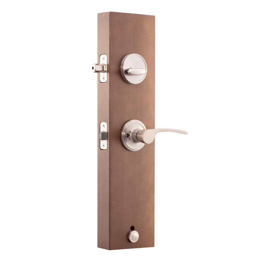 Mid Century Modern Satin Stainless Door Handleset with Left Hand Scandinavian Lever Trim, photo 4 of 5