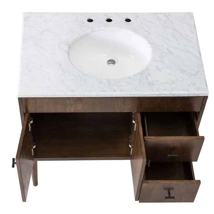 Wyatt 36 in. W x 22.05 in. D x 35.75 in. H Brown Single Sink Bathroom Vanity with White Carrara Marble Vanity Top, photo 2 of 6