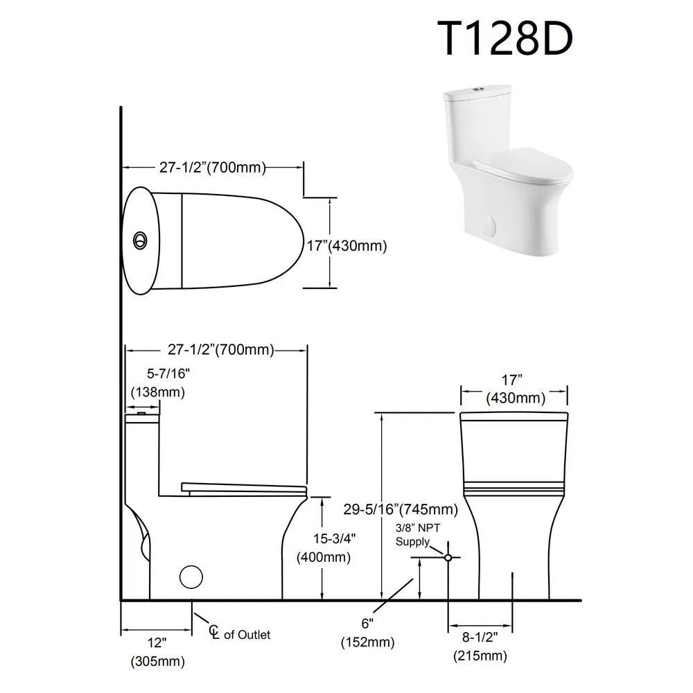 Dual Flush Ceramic 1-Piece 1.28/1.6 GPF Elongated Toilet with Seat and 12-In Rough-In, photo 5 of 6