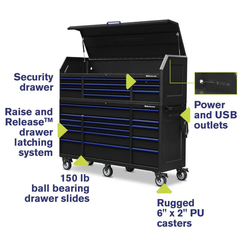 24 in. x 72 in. 26-Drawer Tool Chest and Cabinet Combo with Power and USB Outlets in Black and Blue, photo 2 of 15