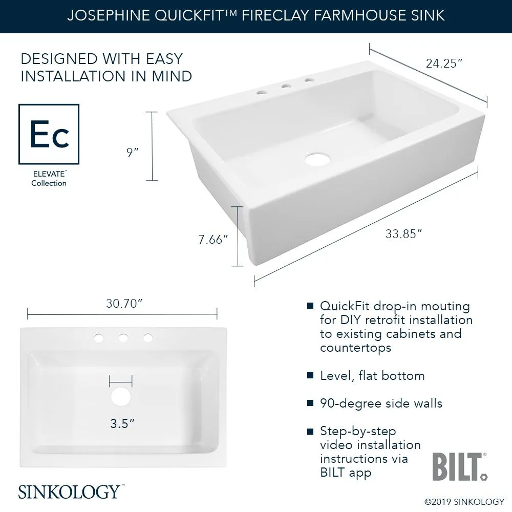 Josephine Quick-Fit Drop-in Farmhouse Fireclay 33.85 in. 3-Hole Single Bowl Kitchen Sink in Crisp White, photo 10 of 24