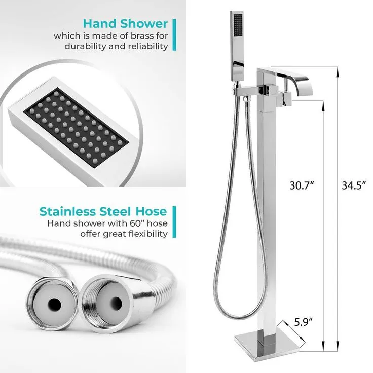 1-Handle Freestanding Floor Mount Roman Tub Faucet Bathtub Filler with Hand Shower in Chrome, photo 4 of 8