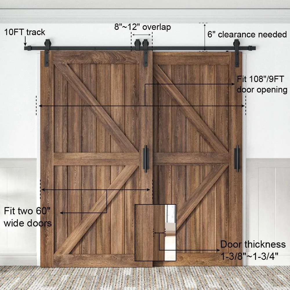 WINSOON 10 ft./120 in. Single Track Bypass Barn Door Hardware Double Doors Kit, Heavy-Duty Sliding 1-Track Antique Roller, photo 6 of 7