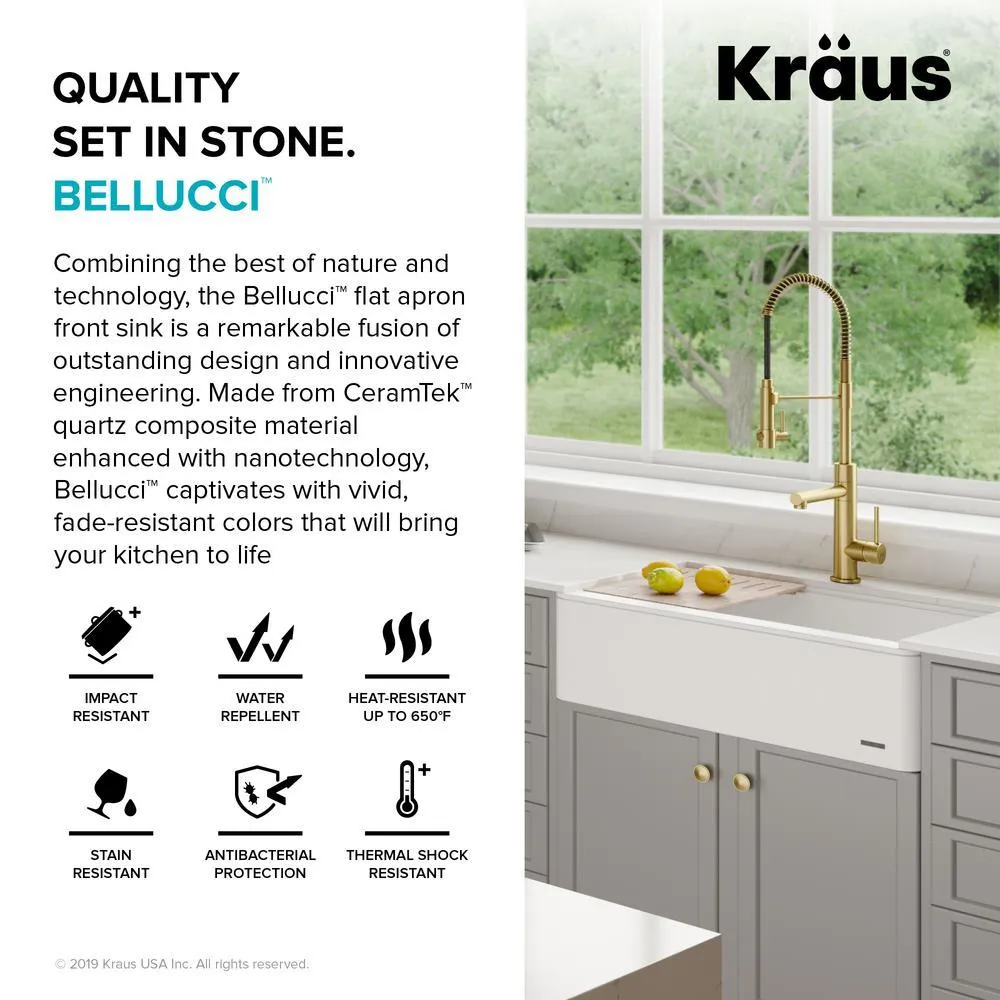 Bellucci 33in. CeramTek Granite/Quartz Composite Farmhouse ApronFront Single Bowl Kitchen Sink w/ Cutting Board in White, photo 10 of 16