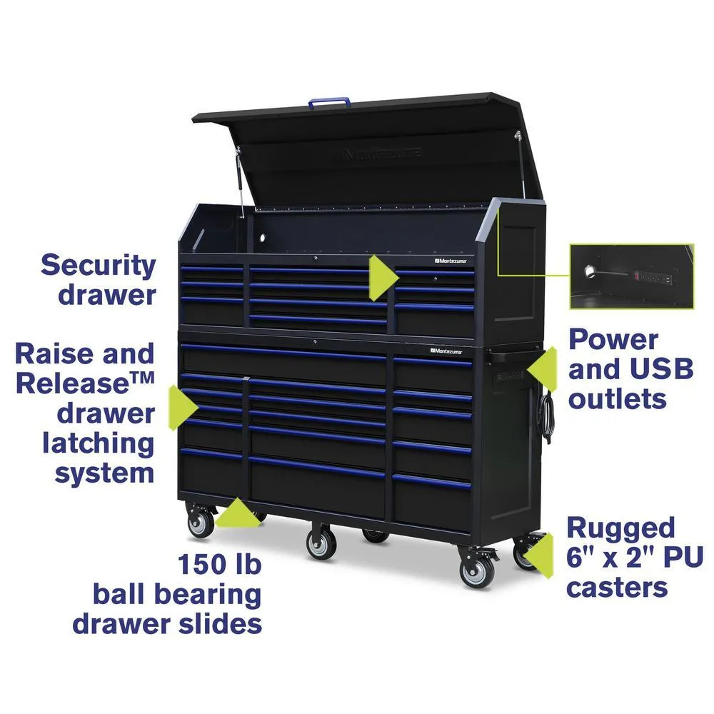 20 in. x 72 in. 26-Drawer Tool Chest and Cabinet Combo with Power and USB Outlets in Black and Blue, photo 2 of 13