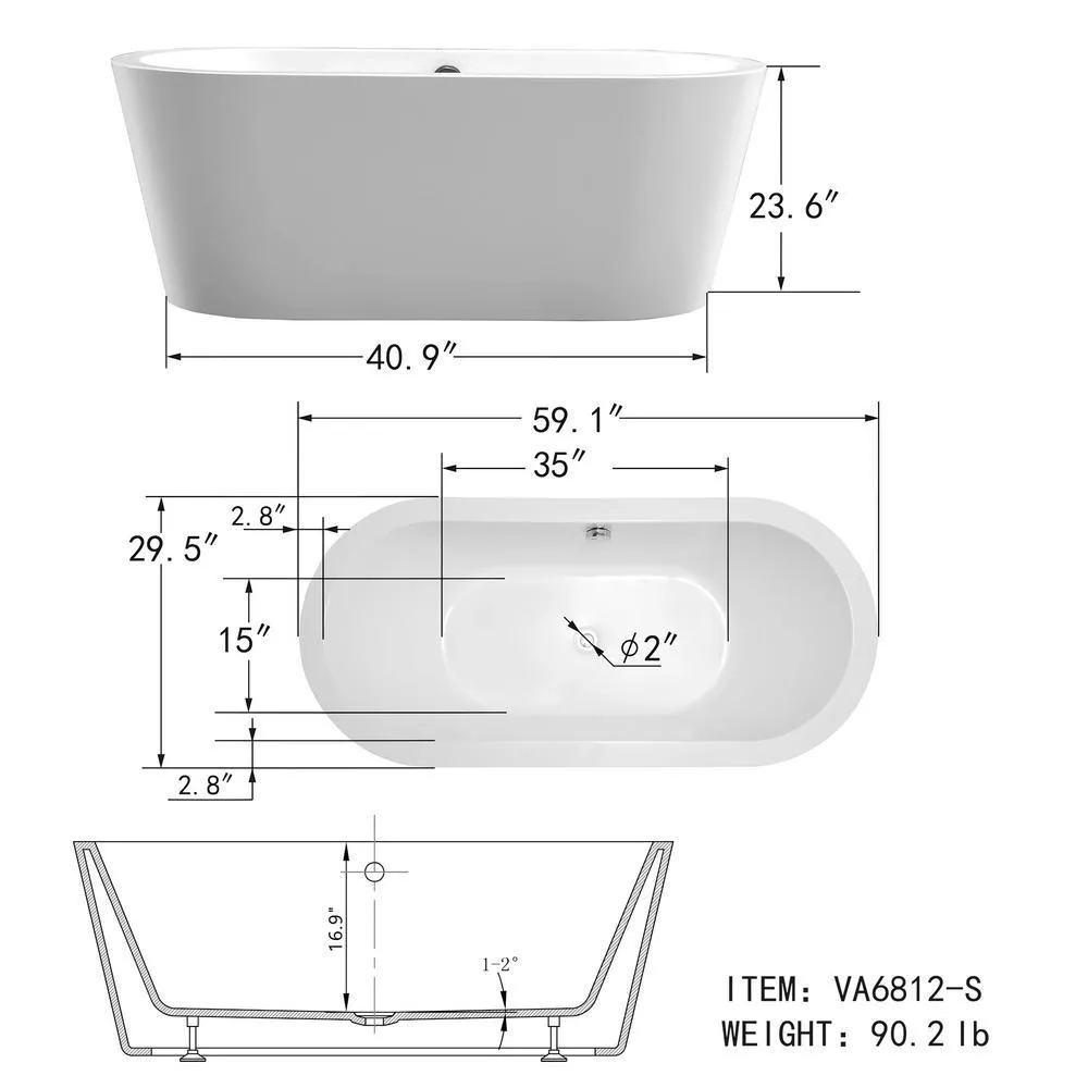 Lorient 59 in. Acrylic Flatbottom Freestanding Bathtub in White, photo 8 of 10