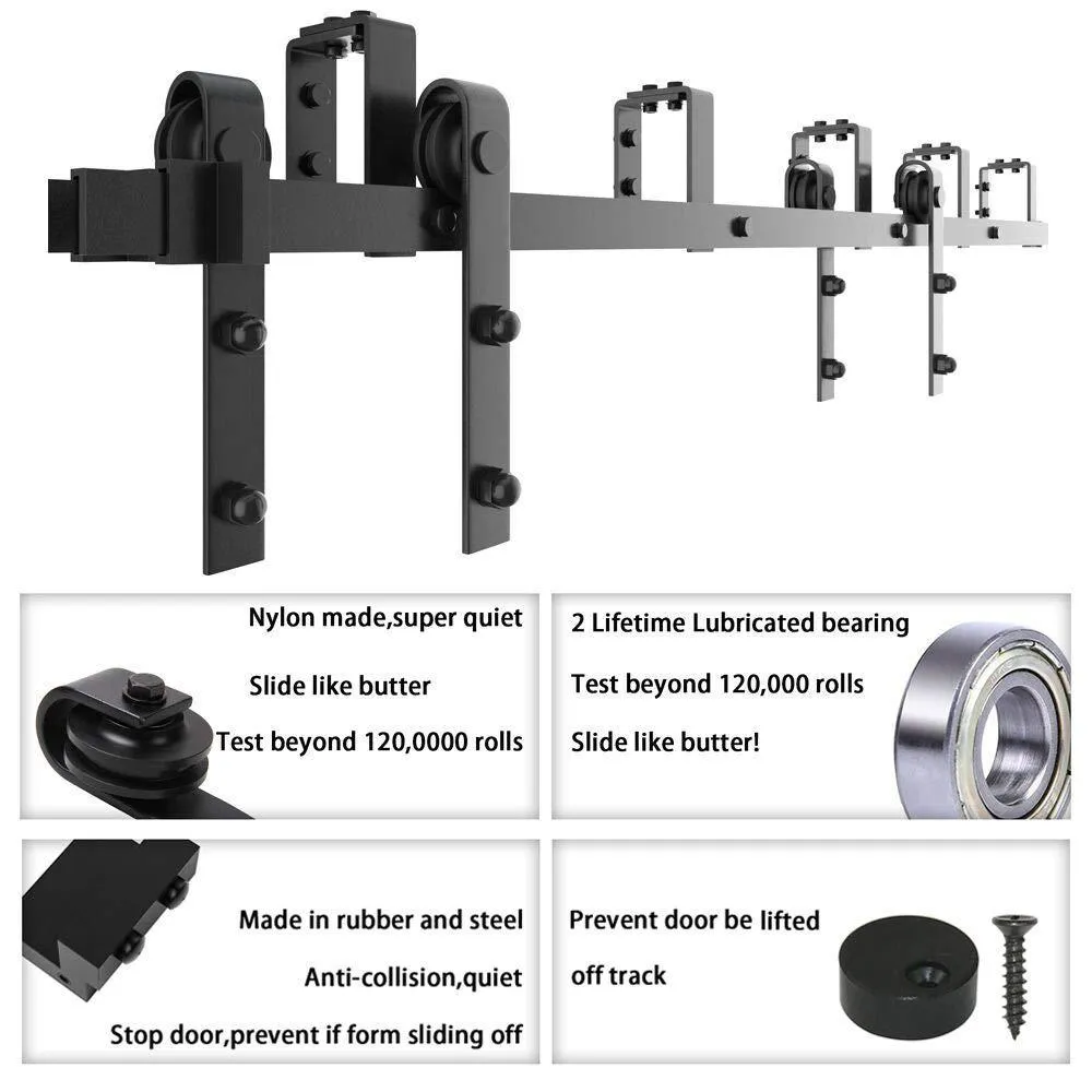 WINSOON 12 ft./144 in. Powder Coated Black Heavy-Duty Bypass Double Door Sliding Barn Door Hardware Classic Design Roller, photo 6 of 7