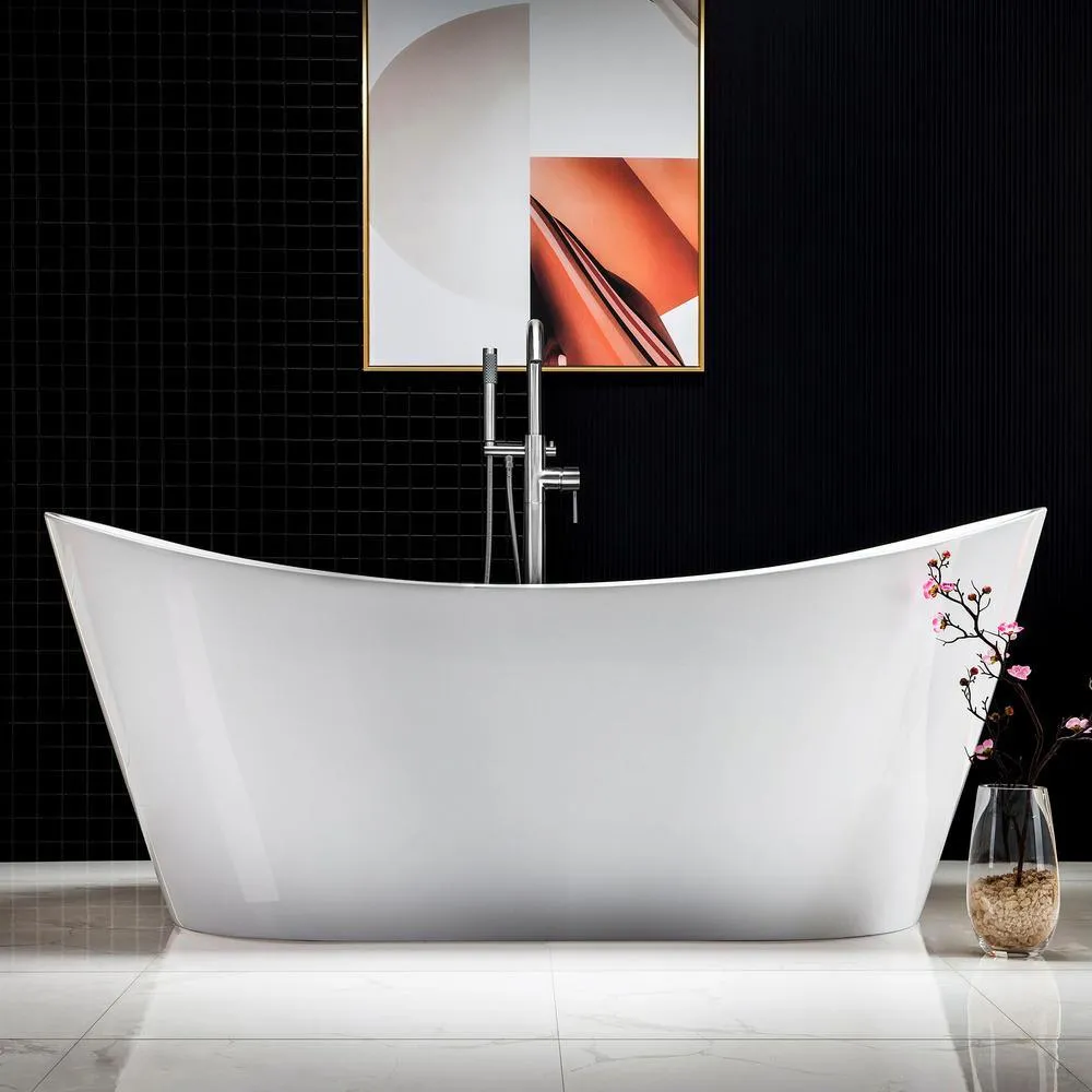 WOODBRIDGE Salou 71 in. Acrylic Freestanding Double Slipper Flat Bottom Bathtub with Chrome Drain and Overflow Included in White, photo 3 of 9