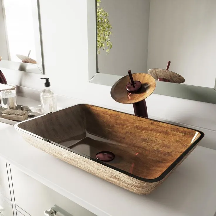VIGO Amber Sunset Handmade Countertop Glass Rectangle Vessel Bathroom Sink in Light Wood, photo 5 of 8