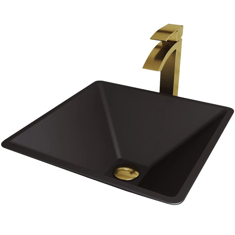 VIGO Serato Glass Vessel Bathroom Sink in Black with Duris Faucet in Matte Gold, photo 2 of 3
