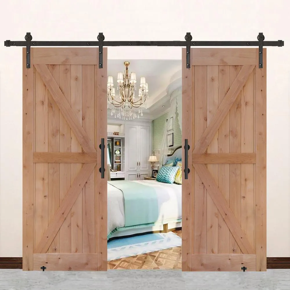 LUBANN 60 in. x 84 in. Assembled Bi-Parting Rustic Unfinished Hardwood Interior Sliding Barn Door Slab with Hardware Kit, photo 8 of 13