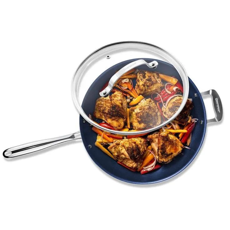 Classic Blue 14 in. Aluminum Ultra-Durable Mineral and Diamond Infused Family Skillet with Glass Lid and Helper Handle, photo 2 of 3