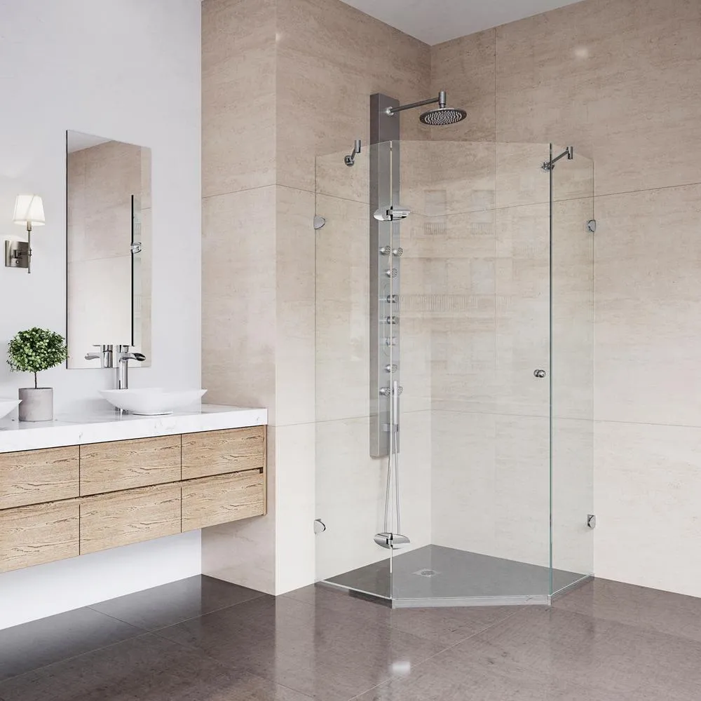 Verona 36.125 in. x 73.375 in. Frameless Neo-Angle Hinged Corner Shower Enclosure in Chrome with Clear Glass, photo 3 of 10