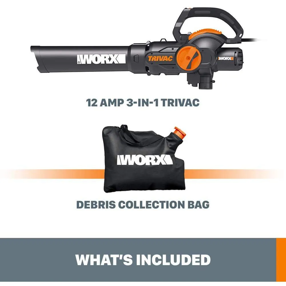 Worx TRIVAC 2.0 70 MPH 600 CFM Electric 12 Amp 3-in-1 Blower, Mulcher, Yard and Lawn Vacuum with Metal Impeller, photo 5 of 12