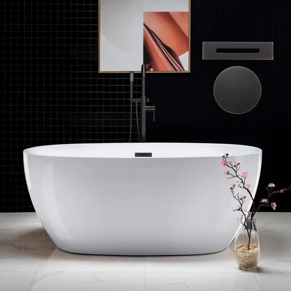 WOODBRIDGE Dieppe 59 in. Acrylic Double-Ended Flat Bottom Freestanding Bathtub with Chrome Overflow and Drain, White, photo 6 of 17