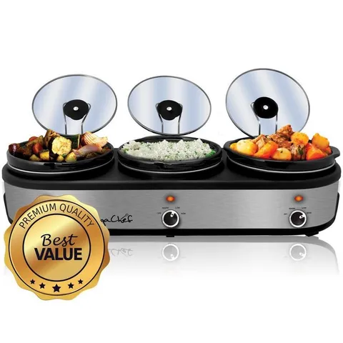 7.5 Qt. Stainless Steel Slow Cooker with 3 Crocks and Keep Warm Setting
