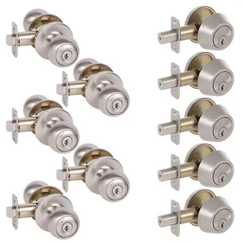 5-Fairfield Satin Nickel Round Entry Door Locks and 5-Satin Nickel Single Cylinder Deadbolts All Keyed Alike