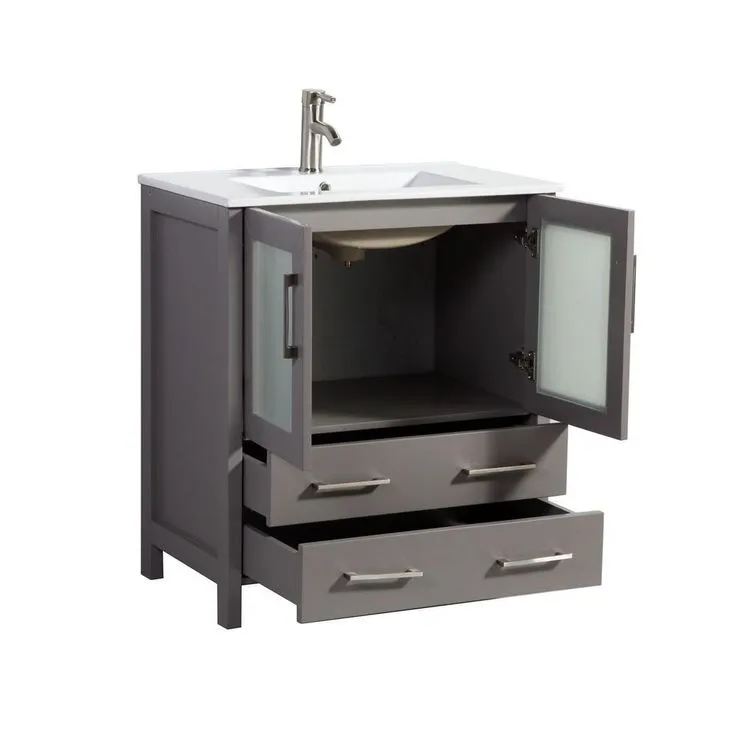 Ravenna 30 in. W x 18.5 in. D x 36 in. H Bathroom Vanity in Grey with Single Basin Top in White Ceramic and Mirror, photo 2 of 10