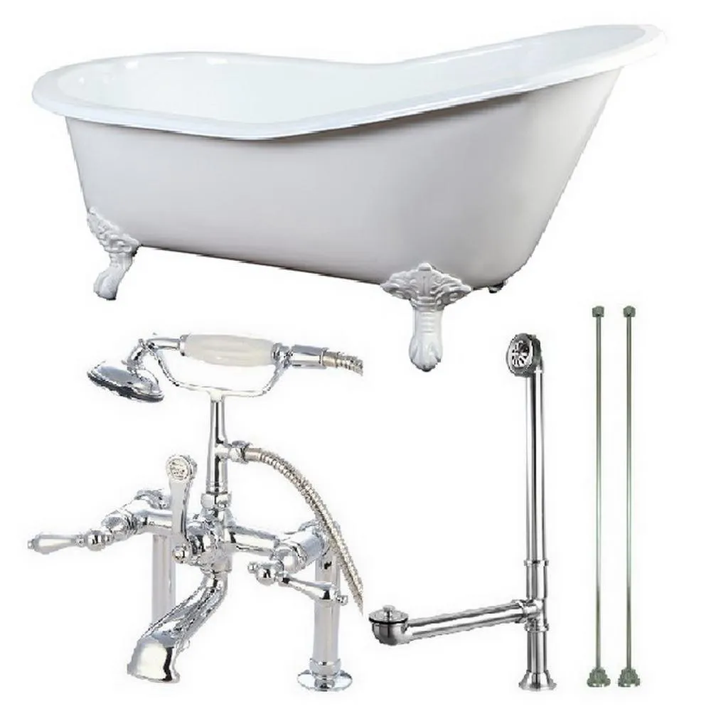 Slipper 62 in. Cast Iron Clawfoot Bathtub in White with Faucet Combo in Polished Brass, photo 7 of 8