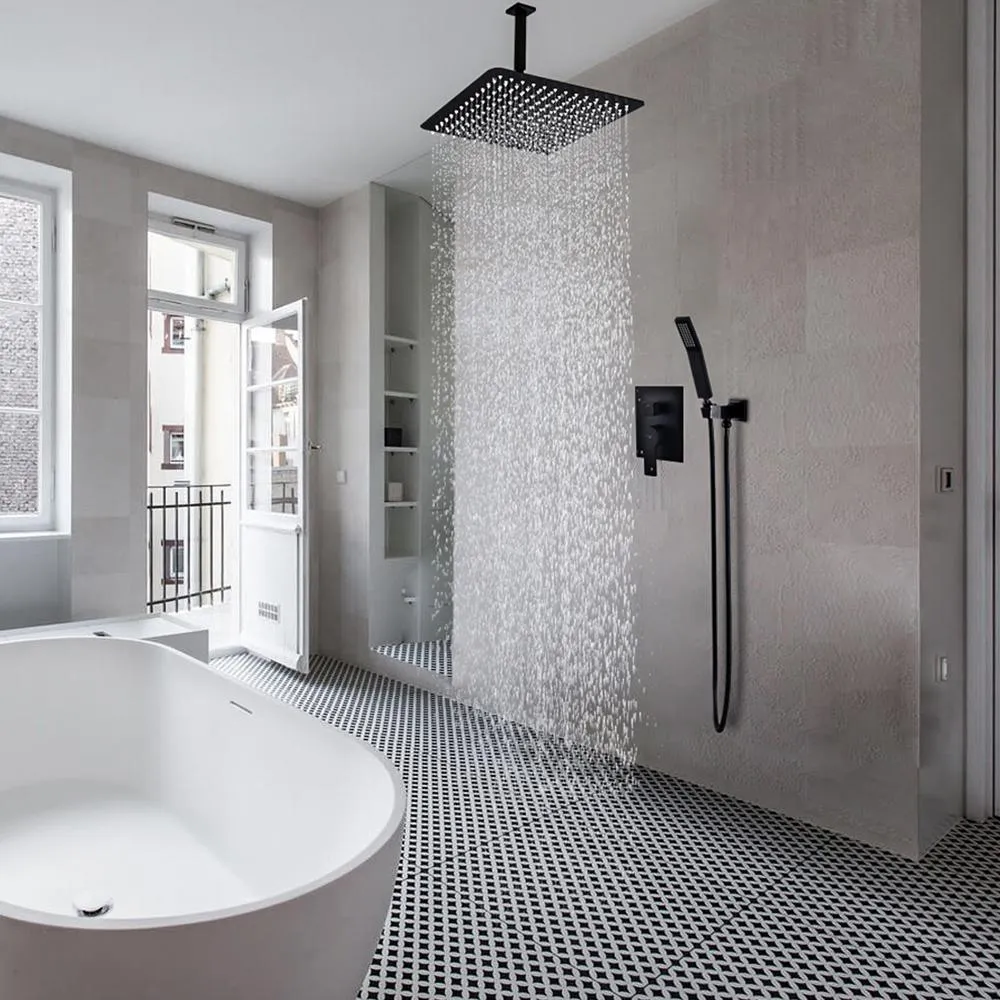 1-Spray Patterns with 2.38 GPM 12 in. Ceiling Mount Dual Shower Heads with Rough-In Valve Body and Trim in Matte Black, photo 9 of 9