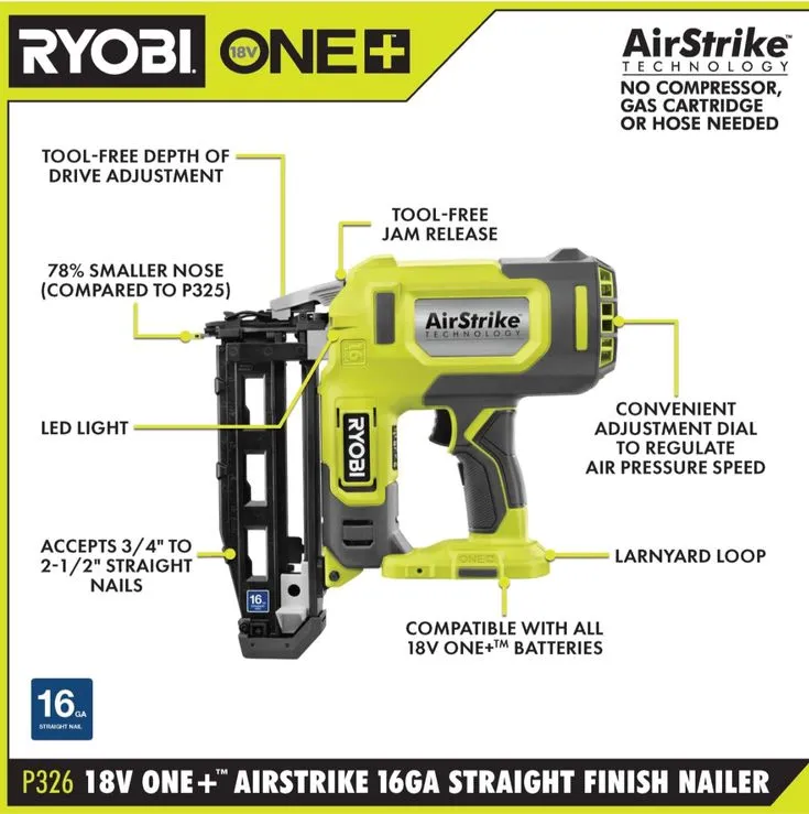 RYOBI 18-Volt ONE+ Lithium-Ion Cordless AirStrike 16-Gauge 2-1/2 in Straight Finish Nailer Kit with 1.3 Ah Battery and Charger, photo 2 of 10