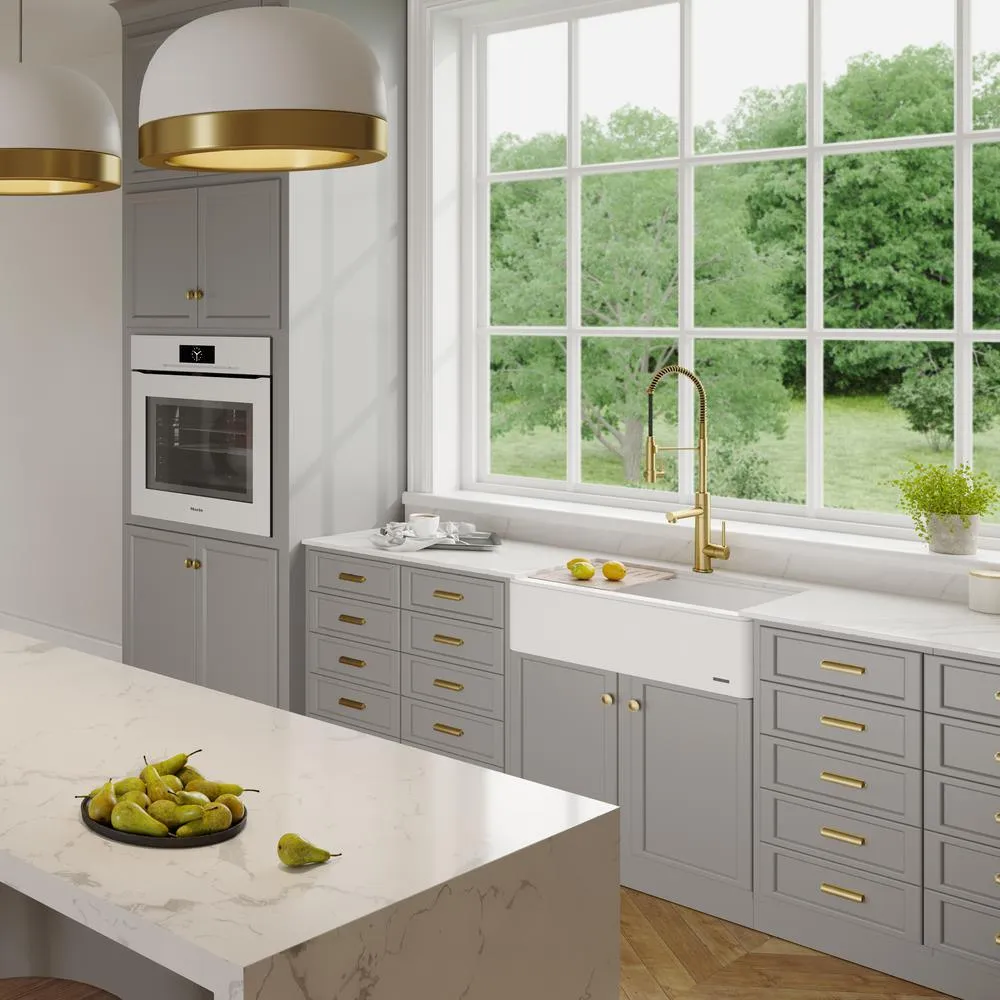 Bellucci 33in. CeramTek Granite/Quartz Composite Farmhouse ApronFront Single Bowl Kitchen Sink w/ Cutting Board in White, photo 7 of 16