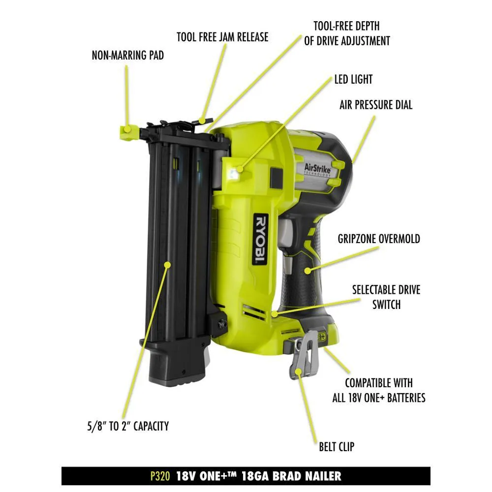 RYOBI 18V ONE+ Cordless AirStrike 18-Gauge Brad Nailer, 16-Gauge Straight Finish Nailer Kit w/(1)1.5Ah Battery and Charger, photo 3 of 15