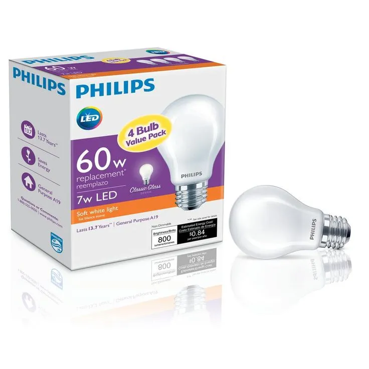 Philips 60-Watt Equivalent A19 Non-Dimmable Energy Saving Frosted Classic Glass LED Light Bulb Soft White (2700K) (4-Pack), photo 5 of 7