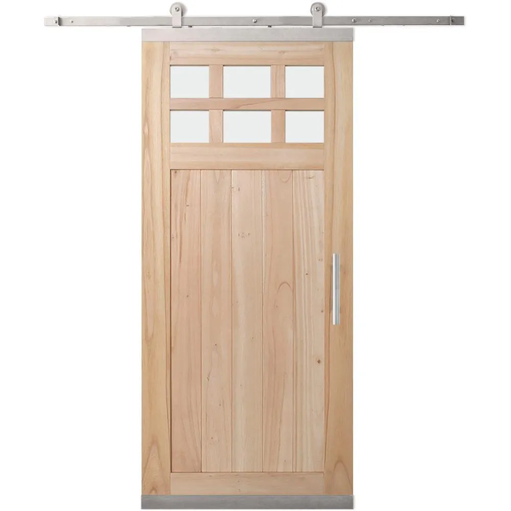 JELD-WEN 36 in. x 80 in. DesignGlide Farmhouse Unfinished Solid Wood 6-Lite Obscure Glass Sliding Barn Door & Black Hardware Kit, photo 10 of 10