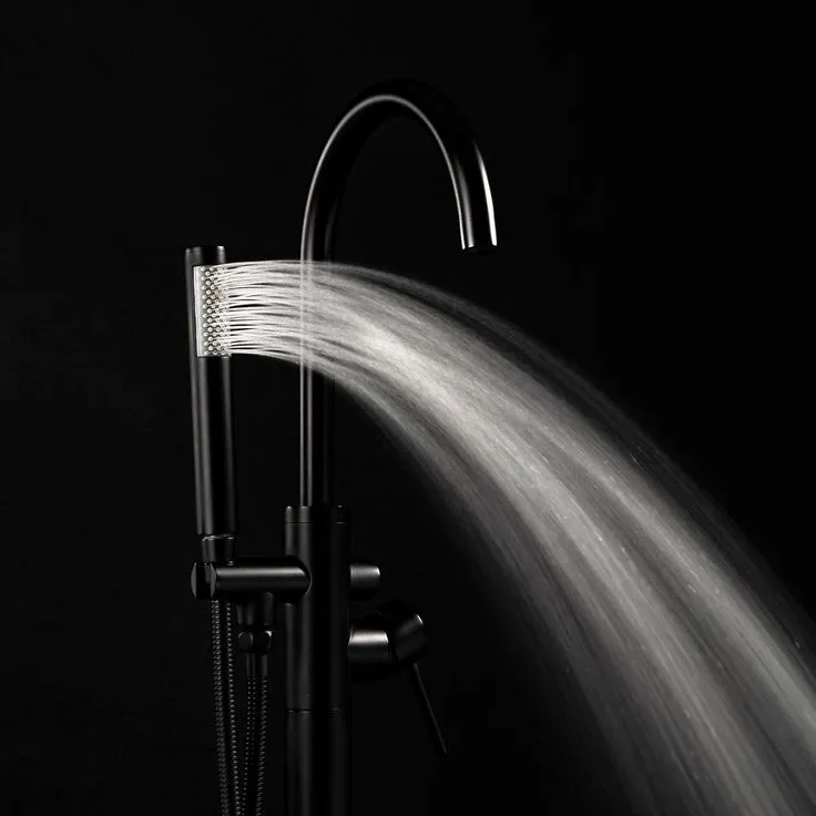 1-Handle Freestanding Floor Mount Tub Faucet Bathtub Filler with Hand Shower in Matte Black, photo 3 of 8